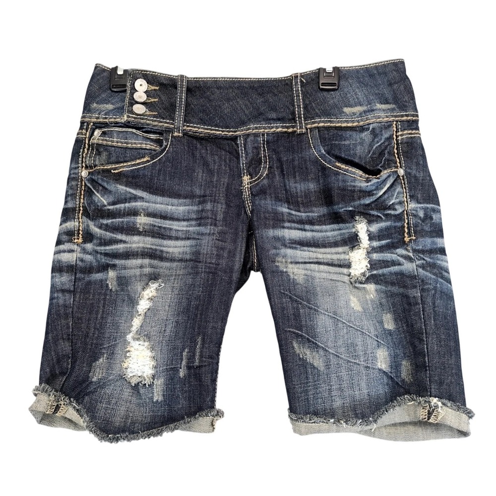 Almost Famous Distressed Jean Shorts Juniors 11 34x10" Cuffed Embroidered Y2K
